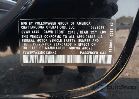 2013 Volkswagen Passat 2.5L Se из США, поврежденный, VIN 1VWBP7A33DC135447